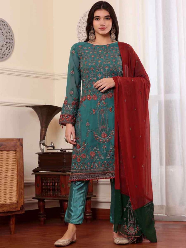 Rama Green Georgette Embroidered Festival Casual Pant Salwar Kameez