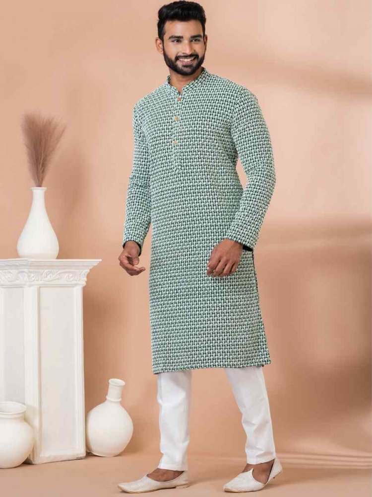 Rama Green Georgette Embroidered Festival Party Kurta