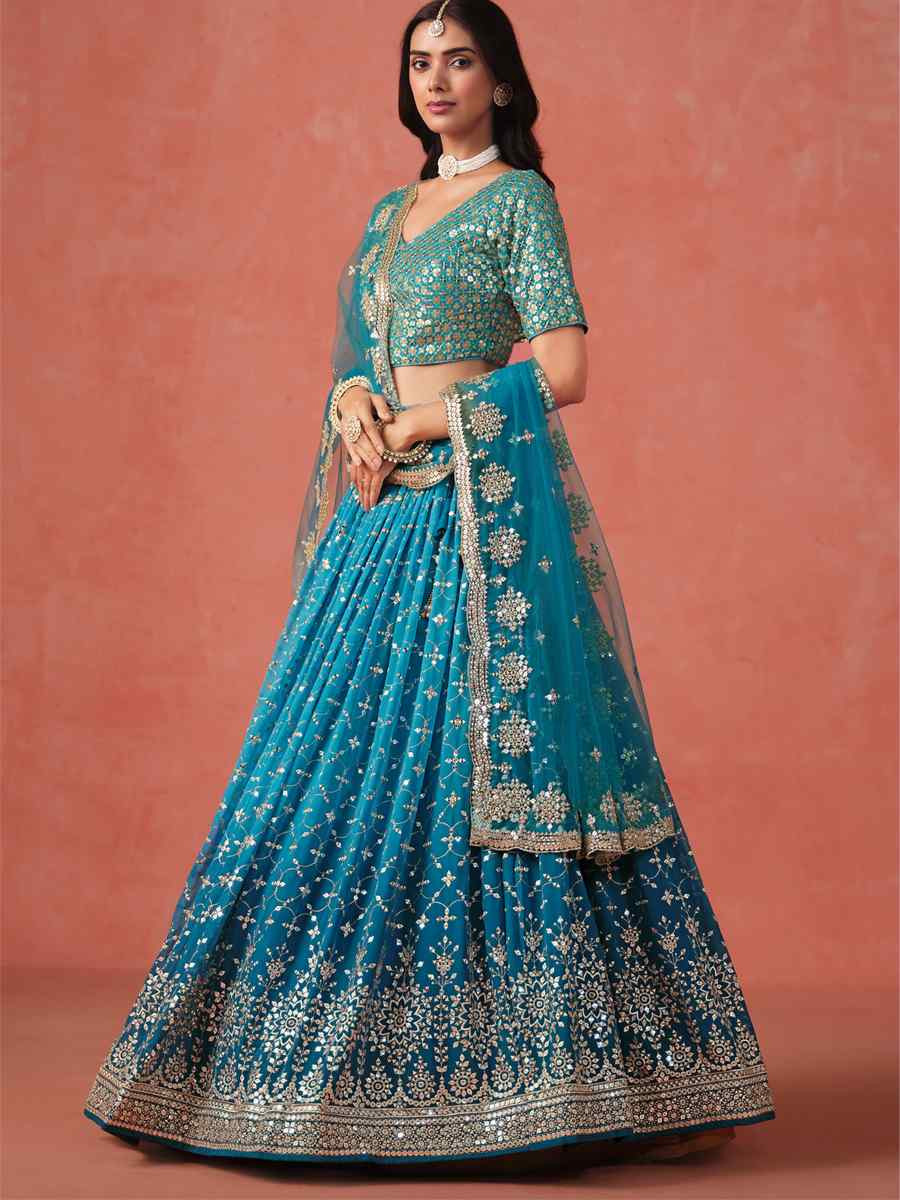 Rama Green Georgette Embroidered Festival Party Wear Circular Lehenga Choli
