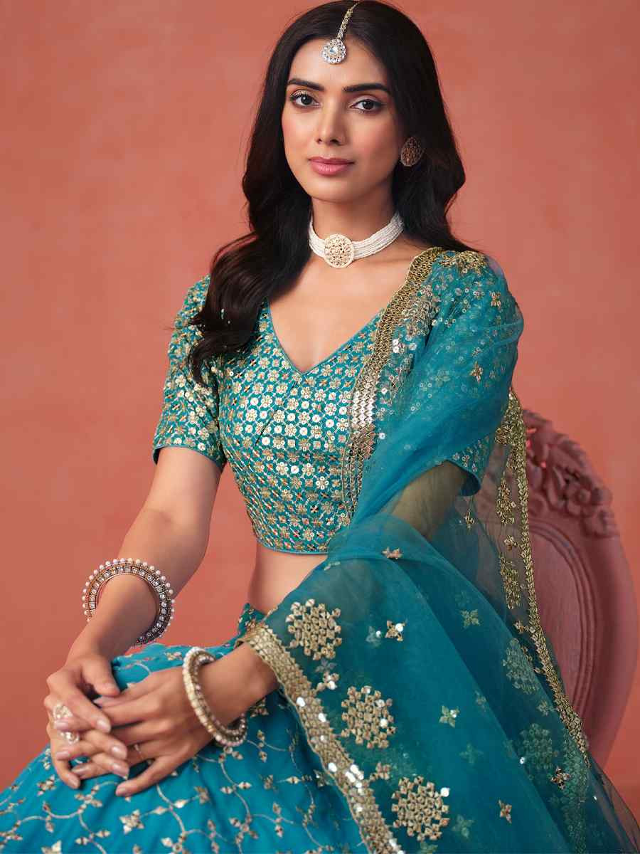 Rama Green Georgette Embroidered Festival Party Wear Circular Lehenga Choli