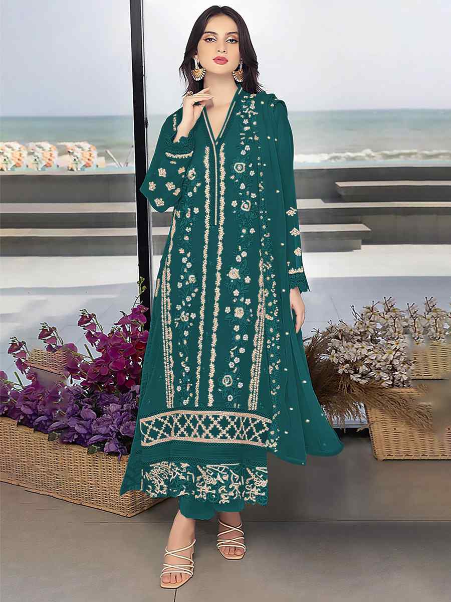 Rama Green Georgette Embroidered Festival Wedding Pant Salwar Kameez