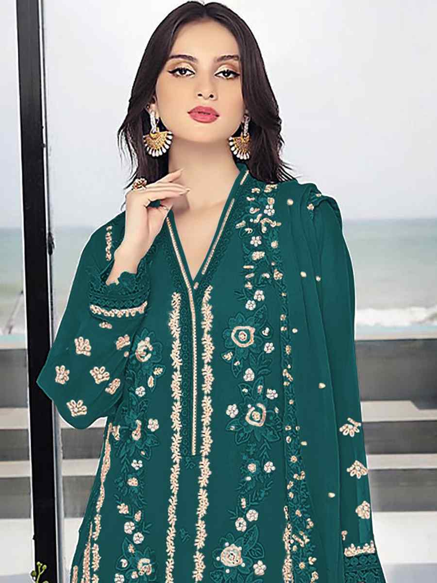 Rama Green Georgette Embroidered Festival Wedding Pant Salwar Kameez