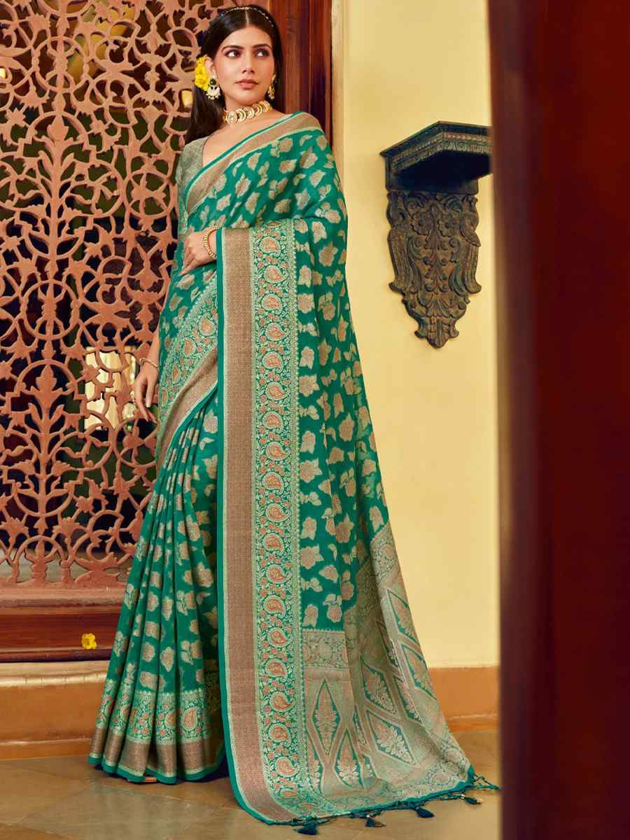 Rama Green Georgette Handwoven Festival Wedding Fancy Heavy Border Saree