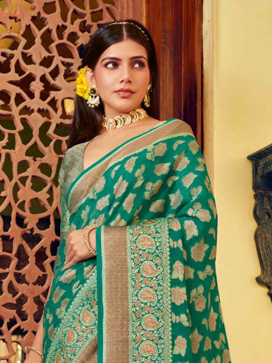 Rama Green Georgette Handwoven Festival Wedding Fancy Heavy Border Saree