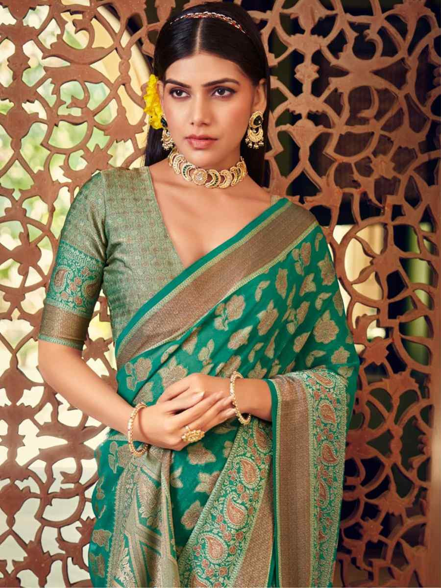 Rama Green Georgette Handwoven Festival Wedding Fancy Heavy Border Saree