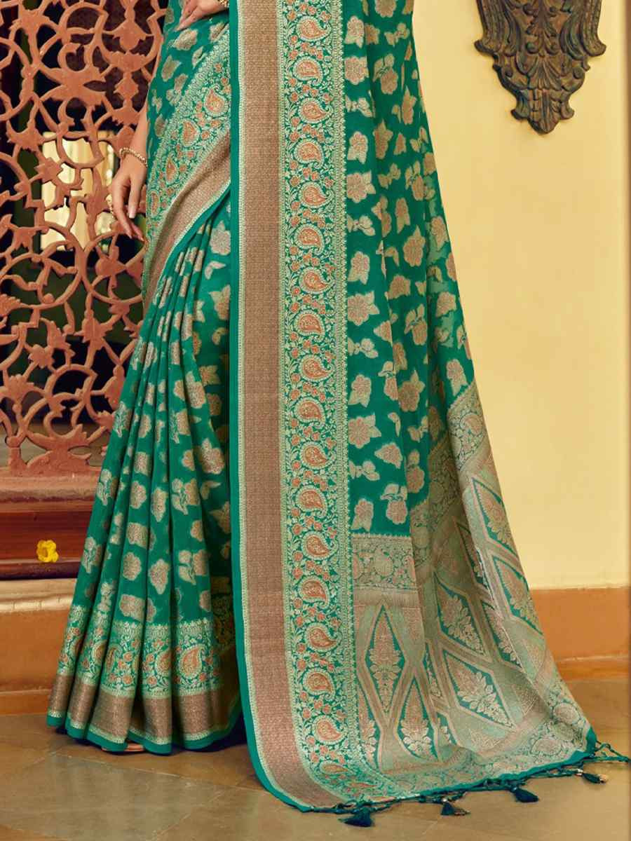 Rama Green Georgette Handwoven Festival Wedding Fancy Heavy Border Saree