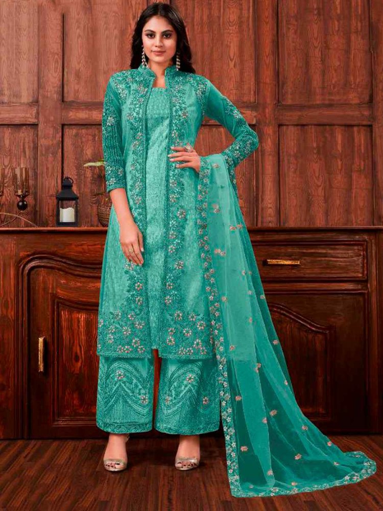 Rama Green Heavy Butterfly Net Embroidered Wedding Engagement Palazzo Pant Salwar Kameez