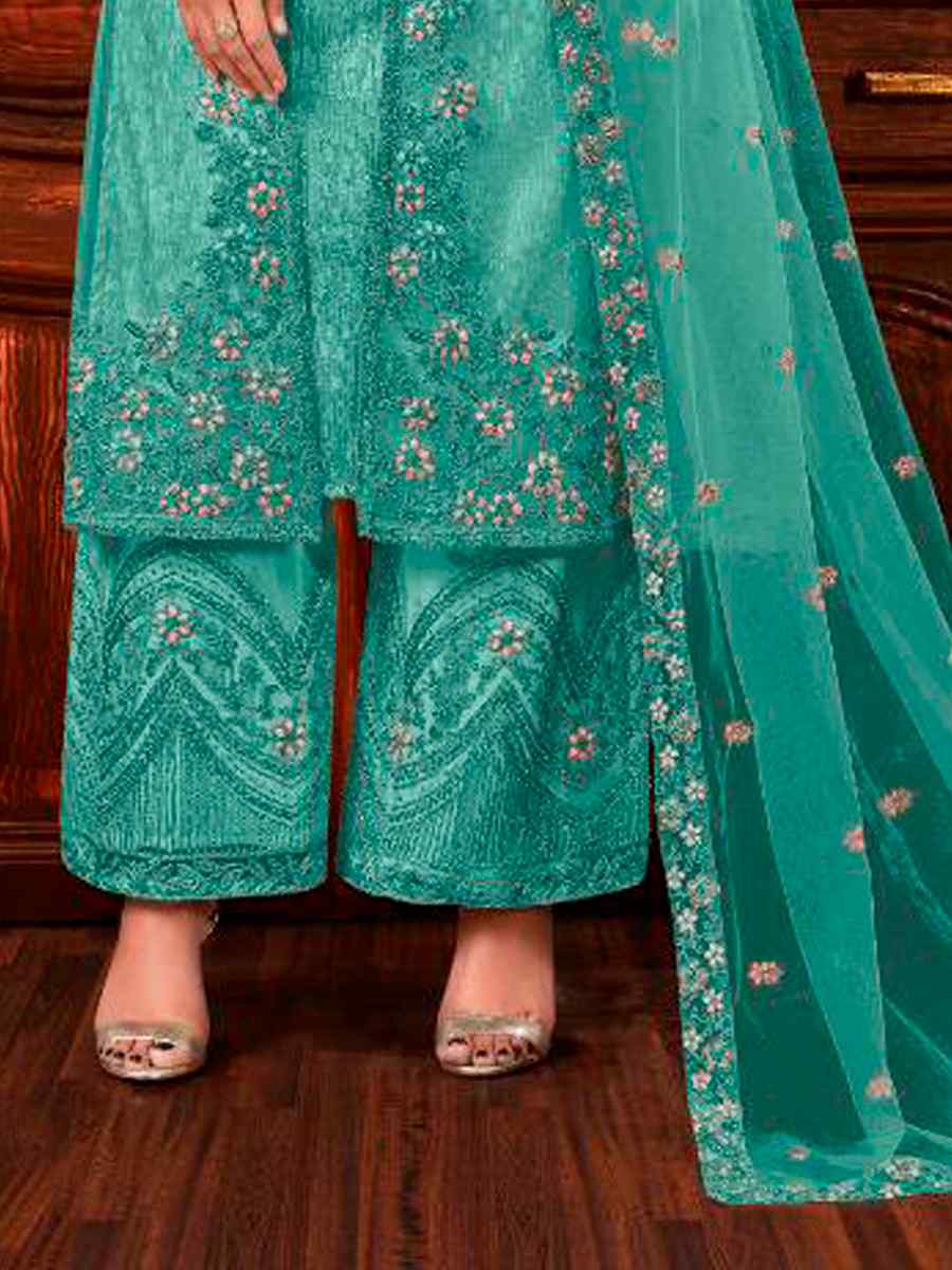 Rama Green Heavy Butterfly Net Embroidered Wedding Engagement Palazzo Pant Salwar Kameez