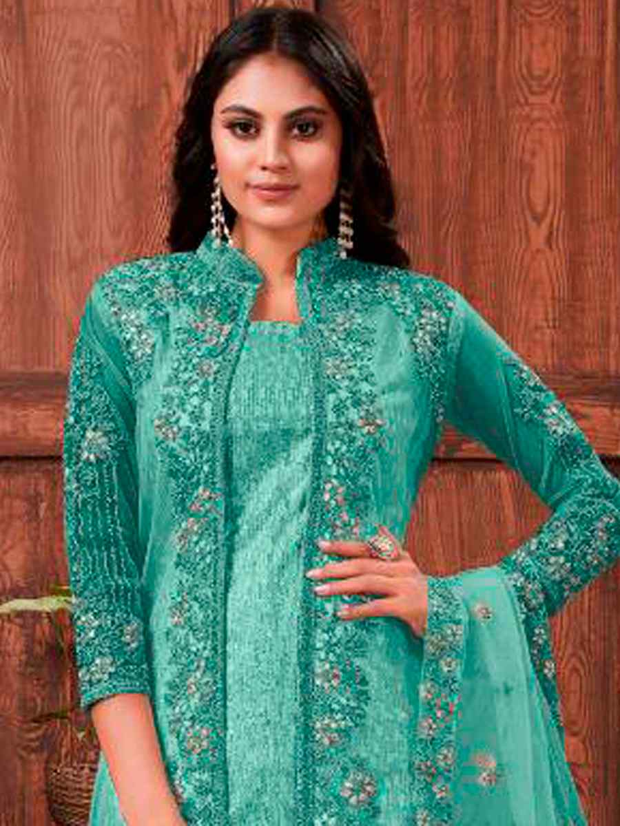 Rama Green Heavy Butterfly Net Embroidered Wedding Engagement Palazzo Pant Salwar Kameez