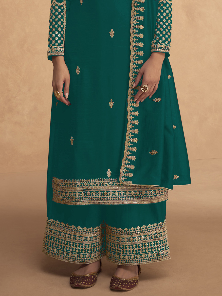 Rama Green Heavy Faux Georgette Embroidered Festival Mehendi Palazzo Pant Salwar Kameez