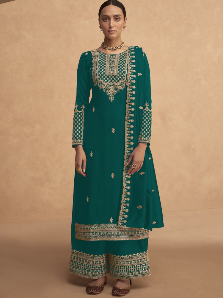 Rama Green Heavy Faux Georgette Embroidered Festival Mehendi Palazzo Pant Salwar Kameez