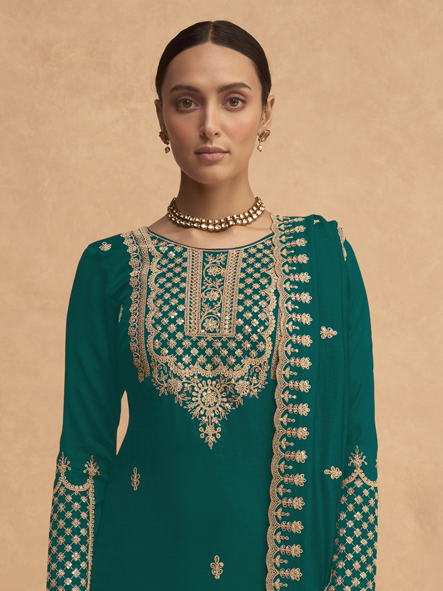 Rama Green Heavy Faux Georgette Embroidered Festival Mehendi Palazzo Pant Salwar Kameez