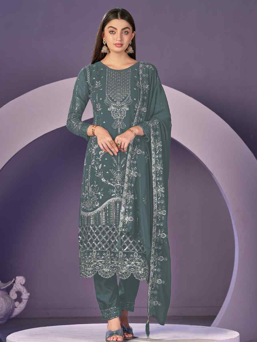 Rama Green Heavy Faux Georgette Embroidered Festival Wedding Pant Salwar Kameez