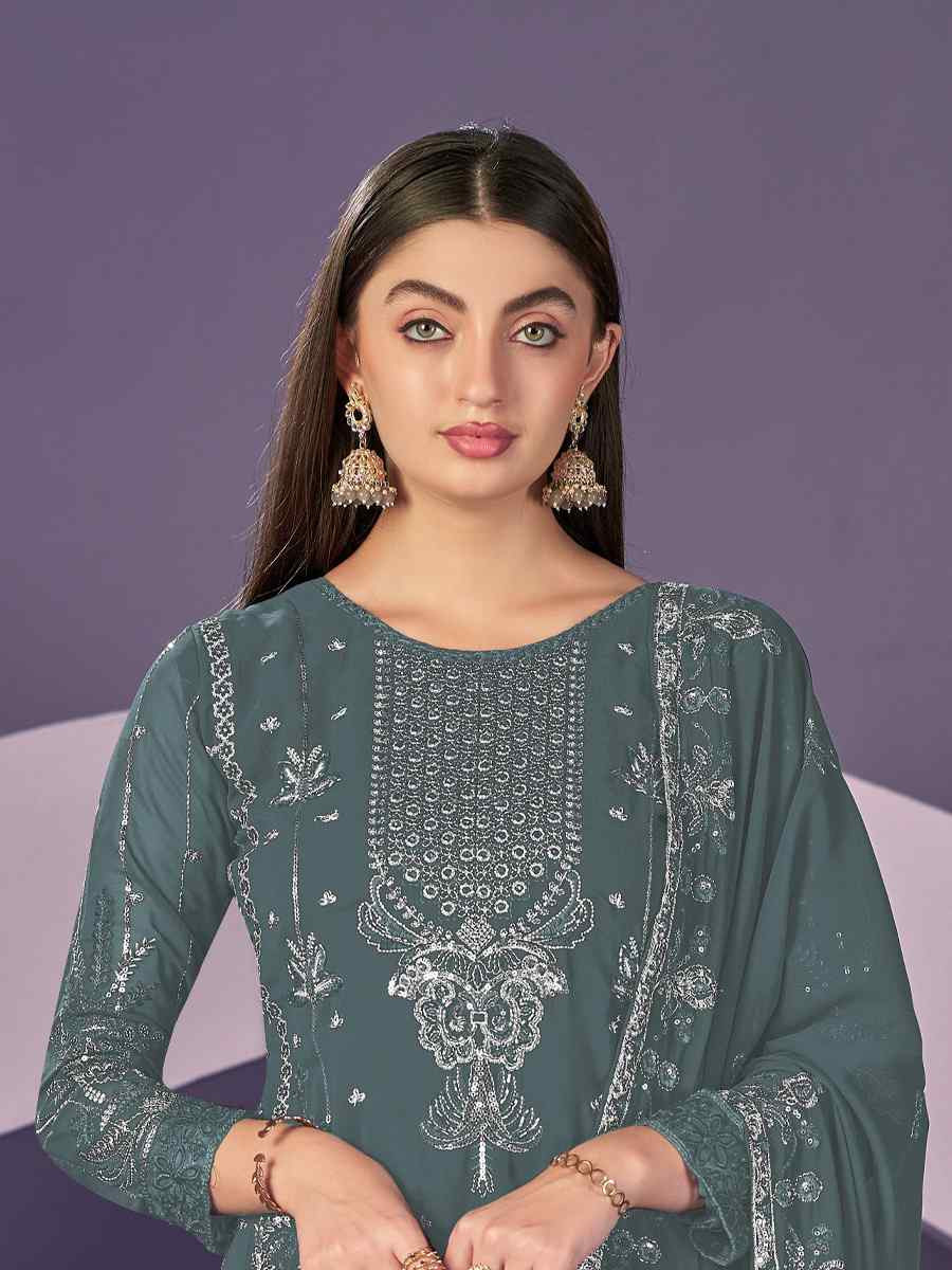 Rama Green Heavy Faux Georgette Embroidered Festival Wedding Pant Salwar Kameez