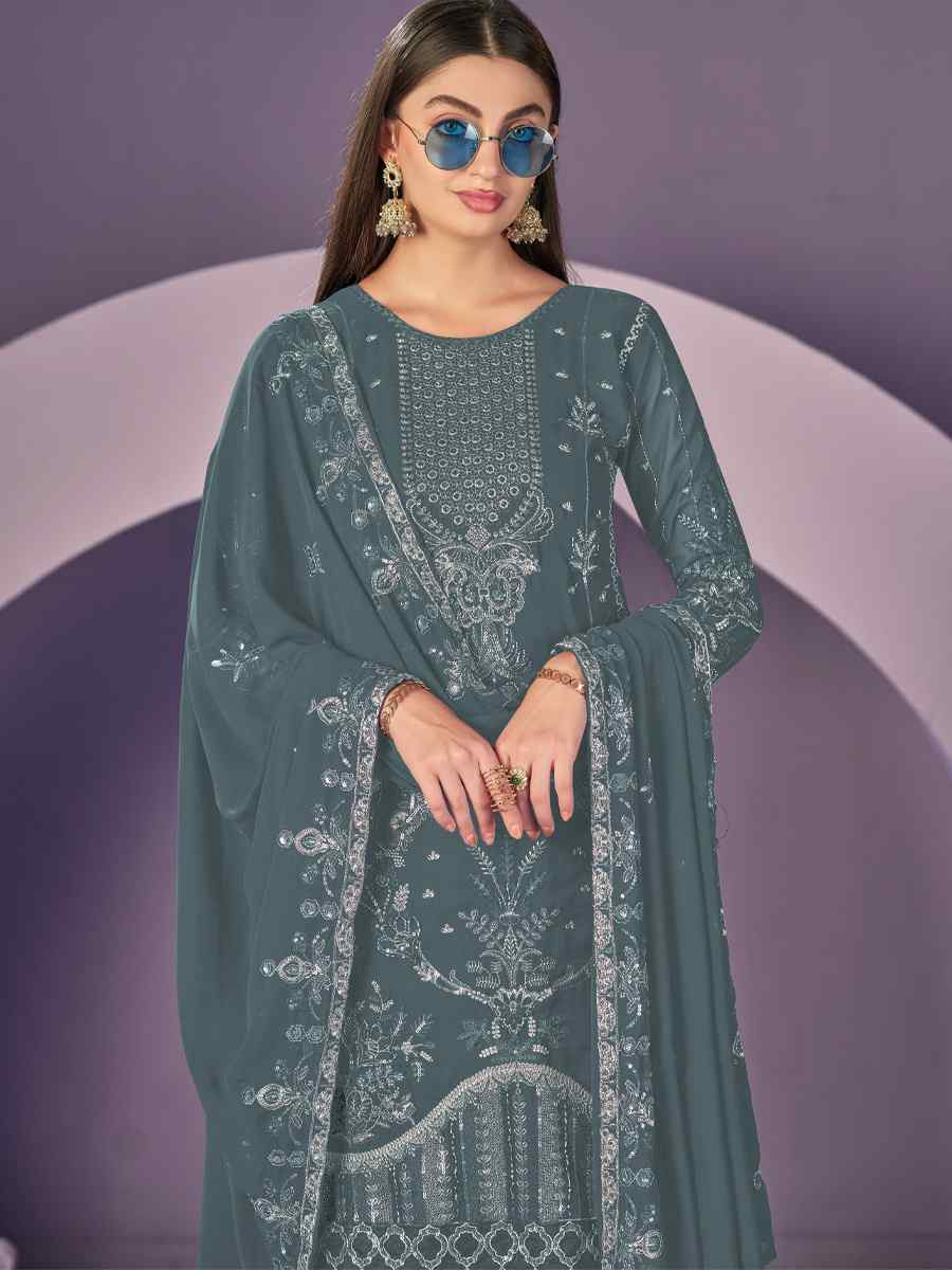 Rama Green Heavy Faux Georgette Embroidered Festival Wedding Pant Salwar Kameez
