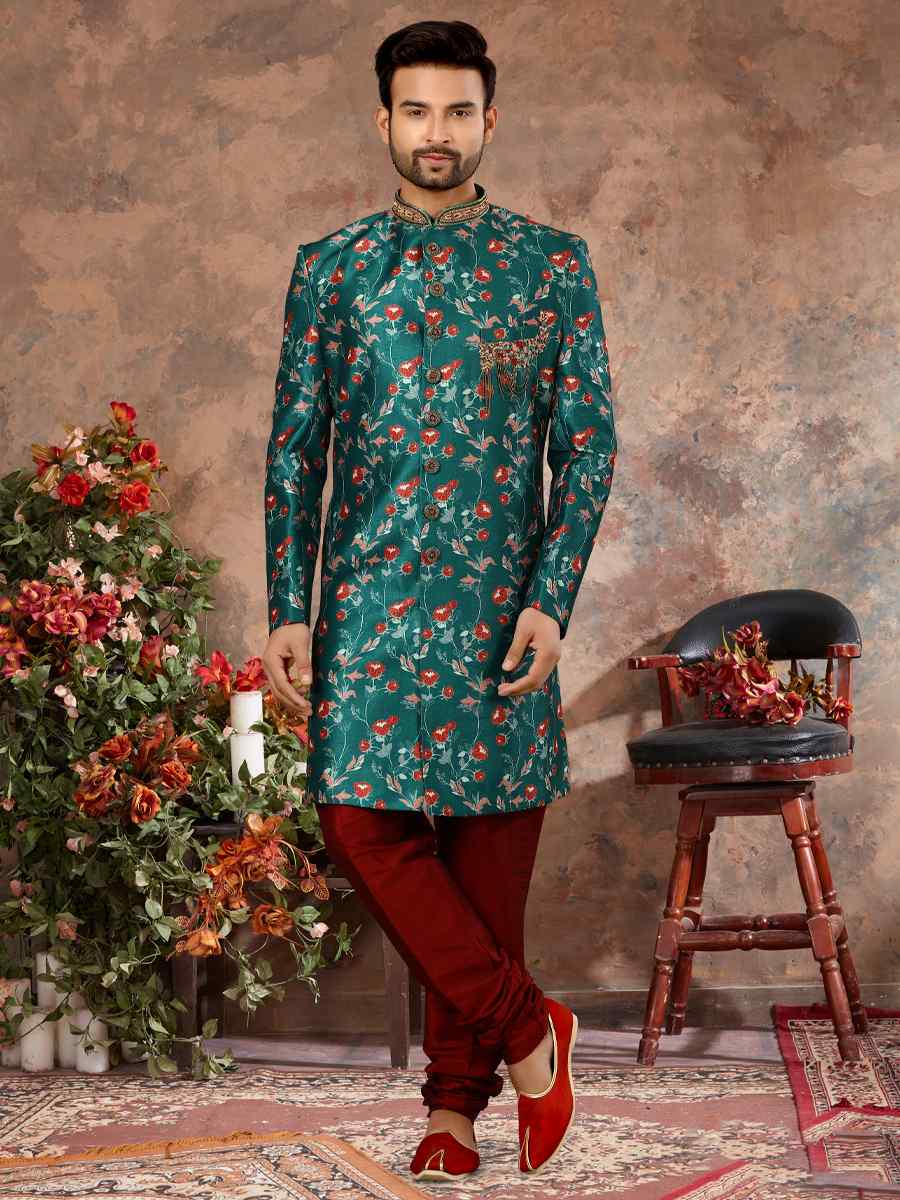 Rama Green Jacquard Woven Festival Wedding Sherwani
