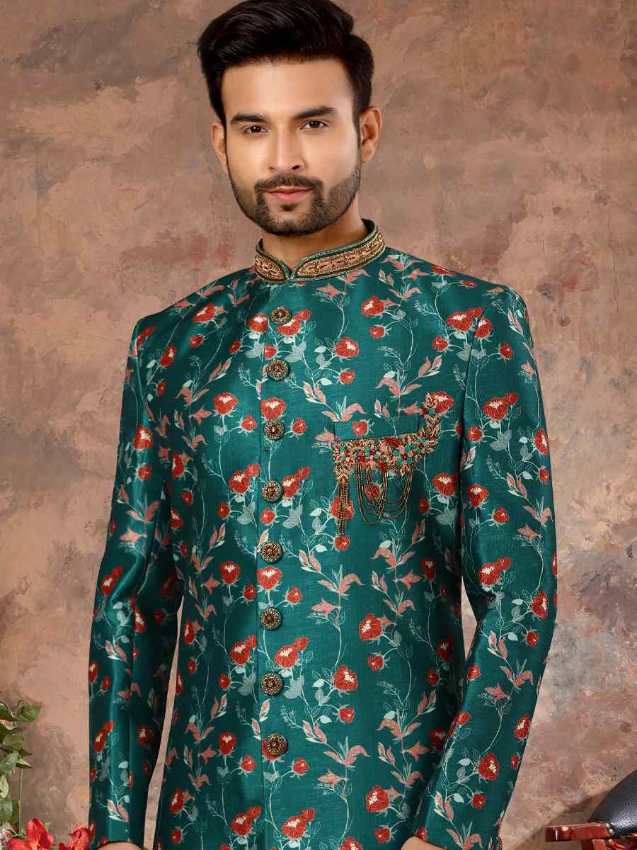 Rama Green Jacquard Woven Festival Wedding Sherwani