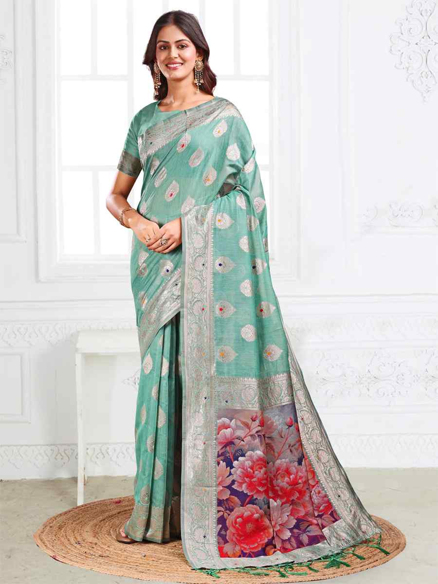 Rama Green Linen Cotton Handwoven Festival Wedding Fancy Heavy Border Saree