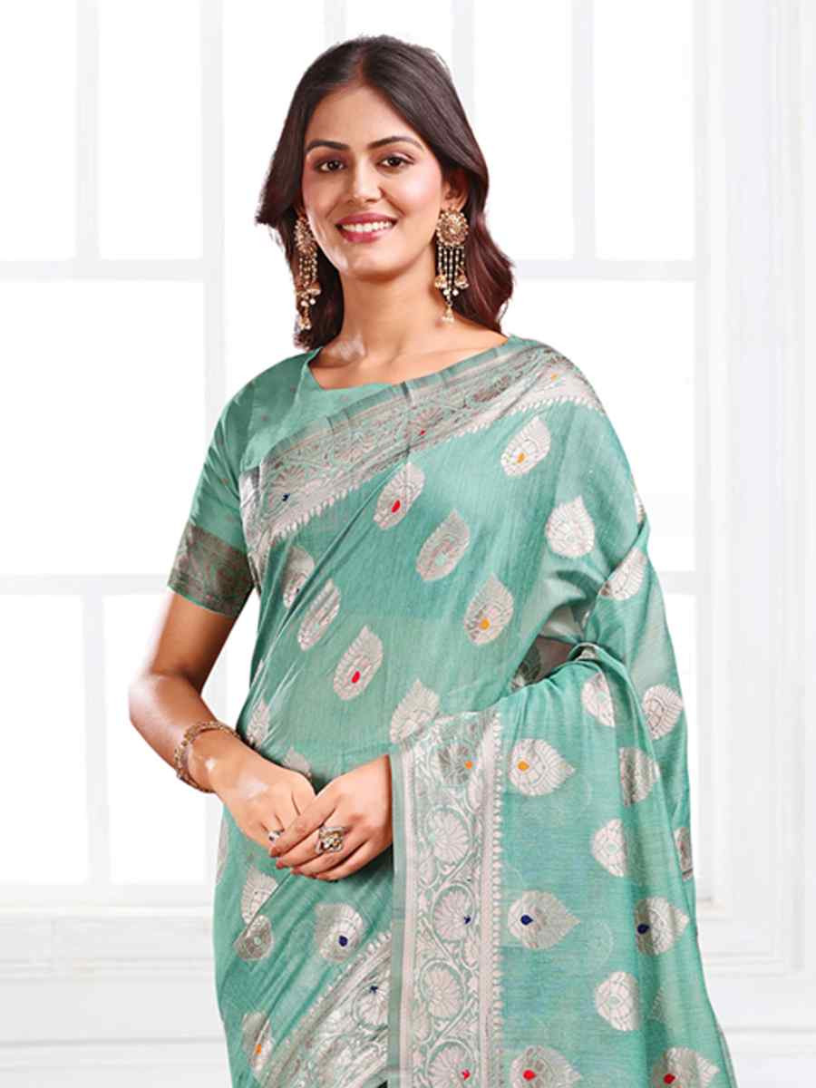 Rama Green Linen Cotton Handwoven Festival Wedding Fancy Heavy Border Saree