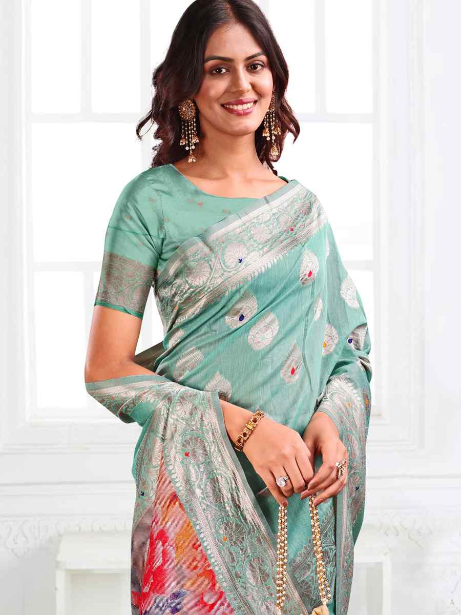 Rama Green Linen Cotton Handwoven Festival Wedding Fancy Heavy Border Saree