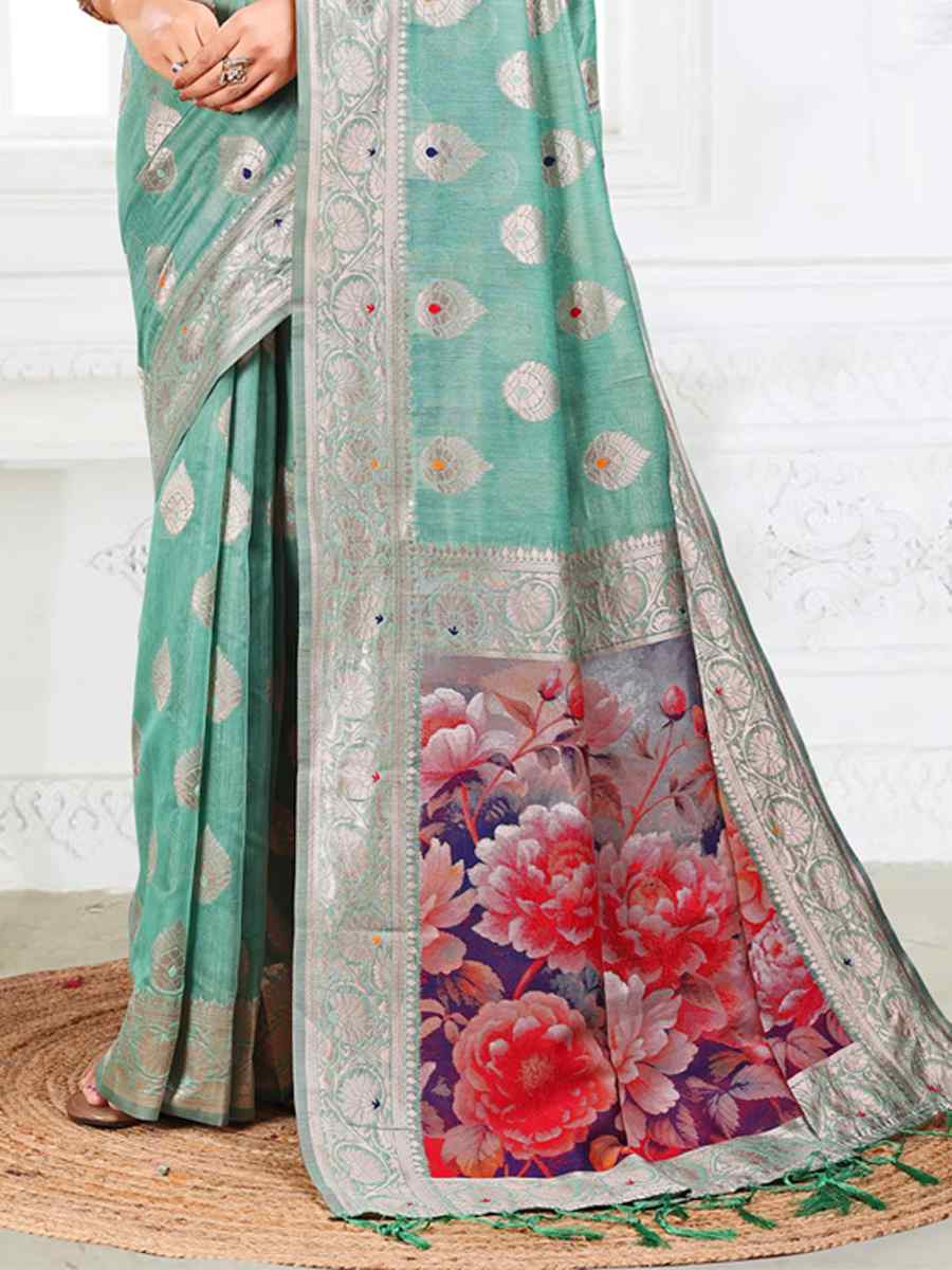 Rama Green Linen Cotton Handwoven Festival Wedding Fancy Heavy Border Saree
