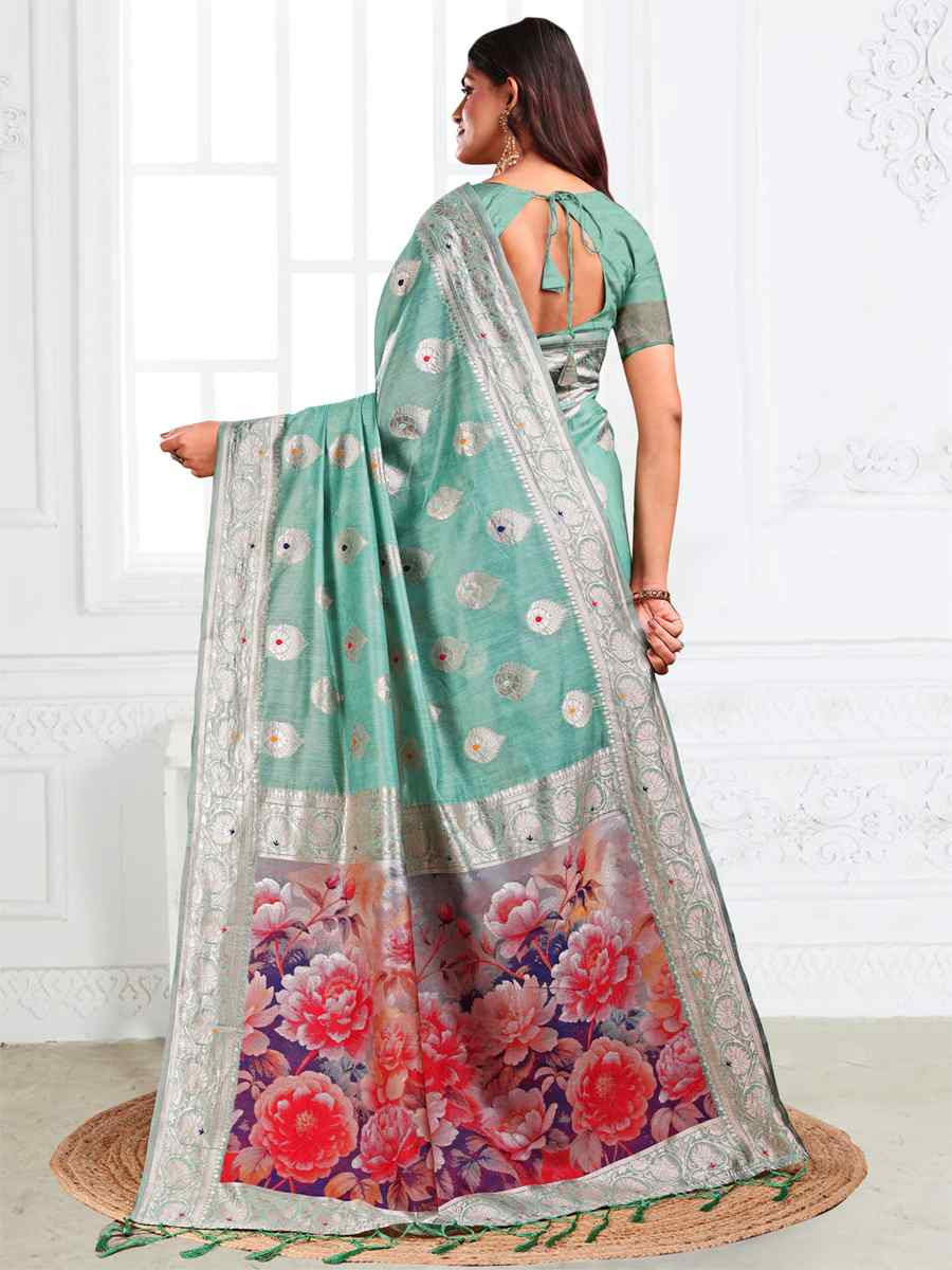Rama Green Linen Cotton Handwoven Festival Wedding Fancy Heavy Border Saree