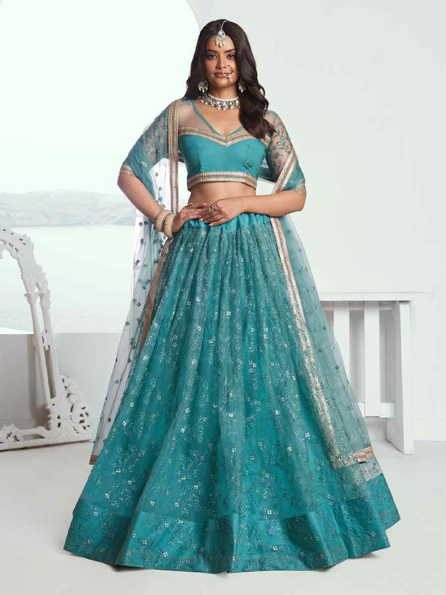 Rama Green Net Embroidered Wedding Reception Festival Heavy Border Lehenga Choli