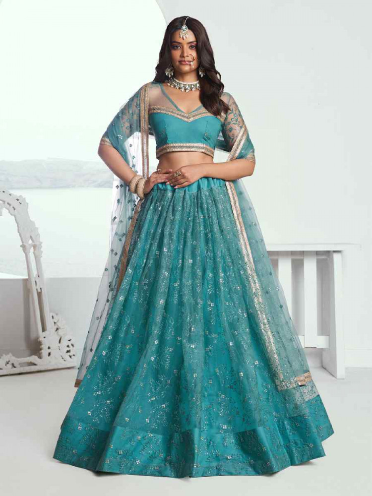 Image of Rama Green Net Embroidered Wedding Reception Festival Heavy Border Lehenga Choli