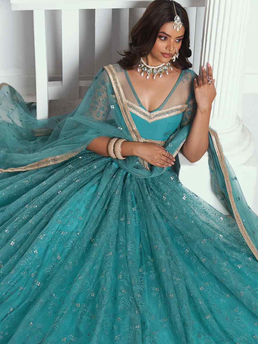 Rama Green Net Embroidered Wedding Reception Festival Heavy Border Lehenga Choli