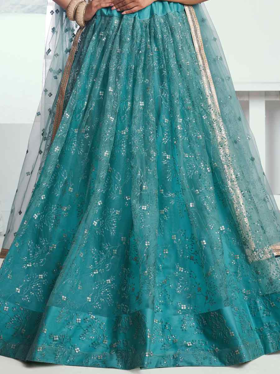 Rama Green Net Embroidered Wedding Reception Festival Heavy Border Lehenga Choli