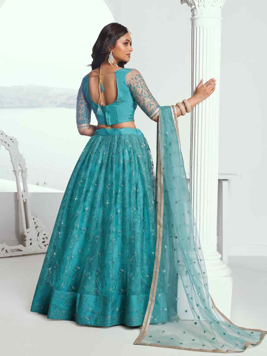 Rama Green Net Embroidered Wedding Reception Festival Heavy Border Lehenga Choli
