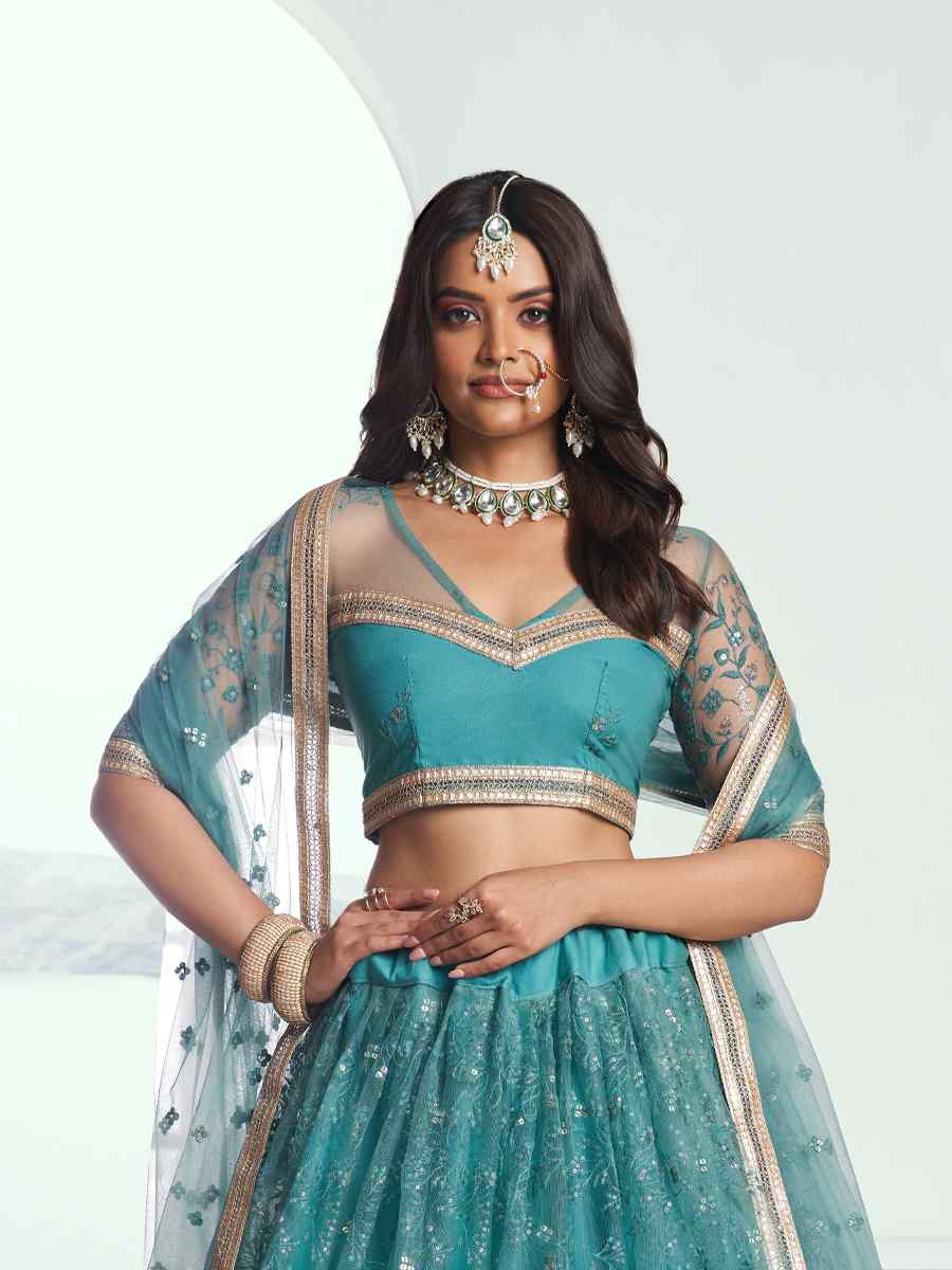 Rama Green Net Embroidered Wedding Reception Festival Heavy Border Lehenga Choli