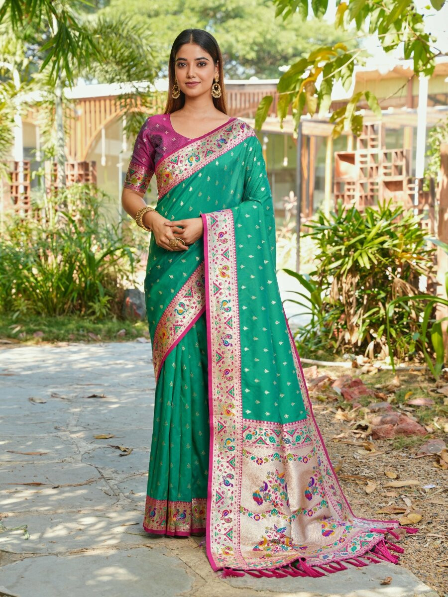 Rama Green Paithani Soft Silk Zari Woven Meenakari Peacock Paithani Pallu Wedding Reception Party Festival Casual Heavy Border Sarees