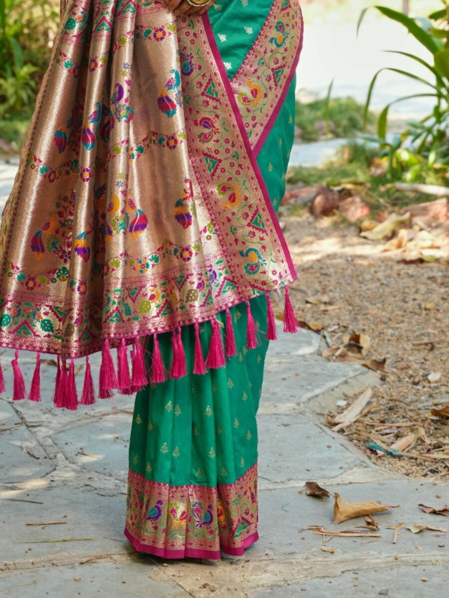 Rama Green Paithani Soft Silk Zari Woven Meenakari Peacock Paithani Pallu Wedding Reception Party Festival Casual Heavy Border Sarees