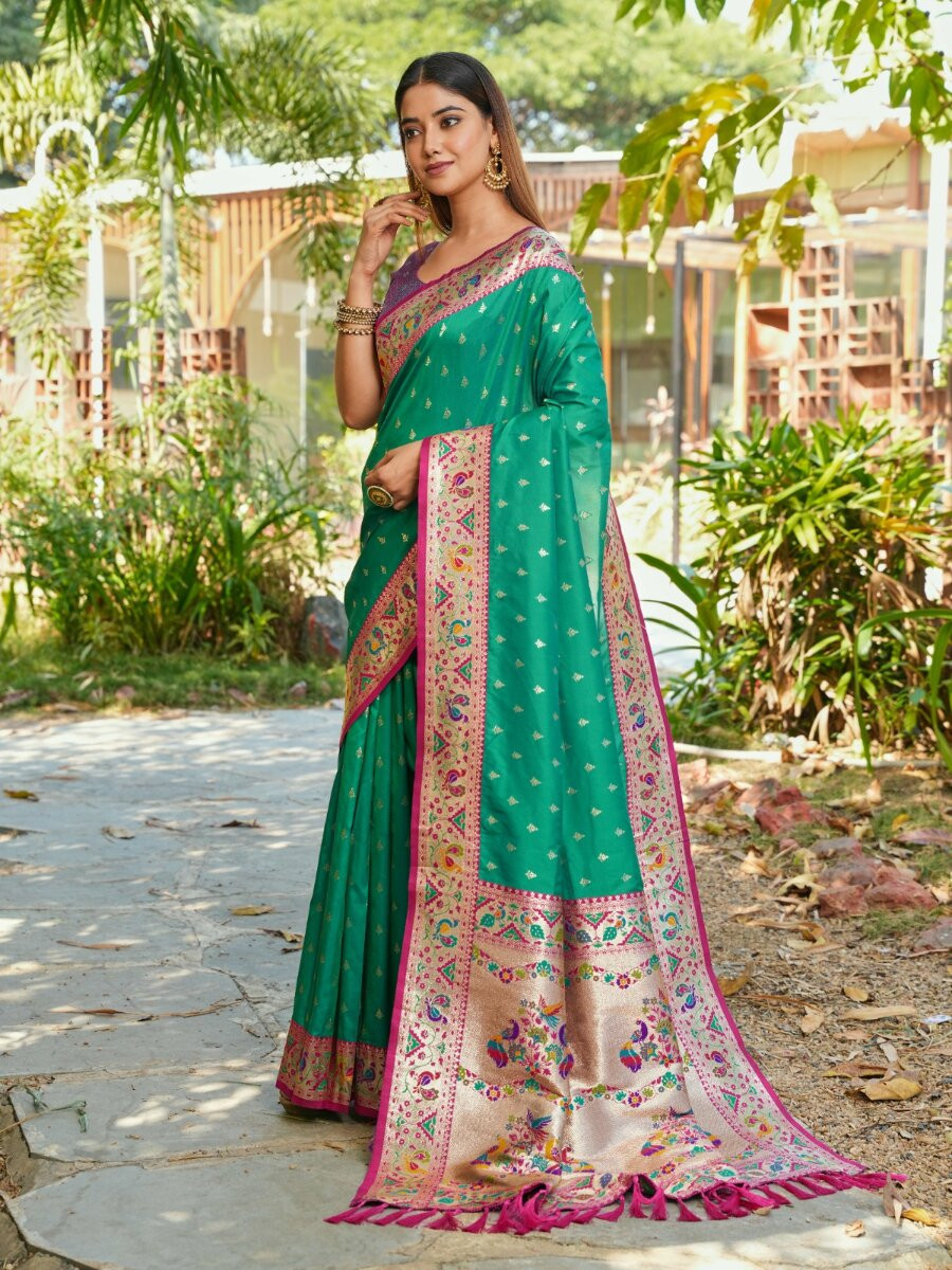 Rama Green Paithani Soft Silk Zari Woven Meenakari Peacock Paithani Pallu Wedding Reception Party Festival Casual Heavy Border Sarees