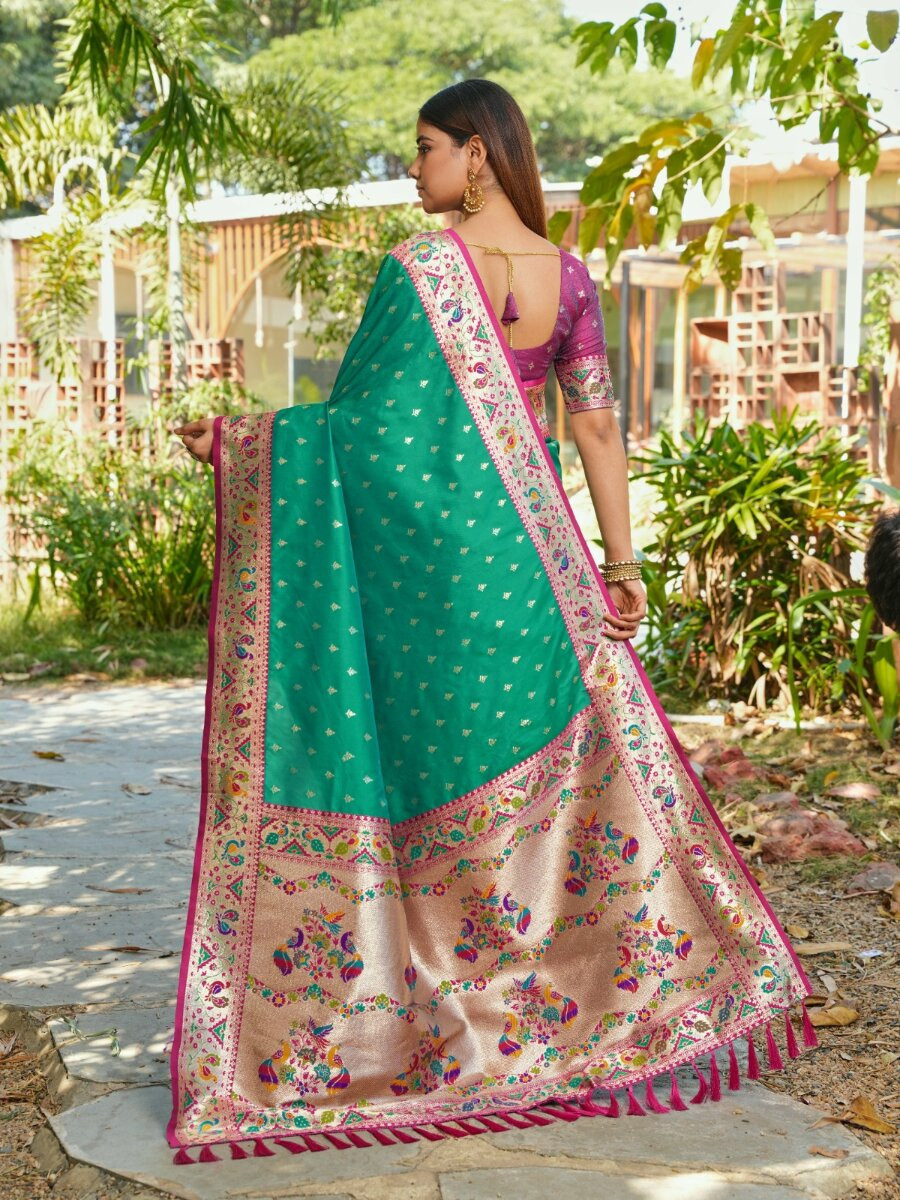 Rama Green Paithani Soft Silk Zari Woven Meenakari Peacock Paithani Pallu Wedding Reception Party Festival Casual Heavy Border Sarees