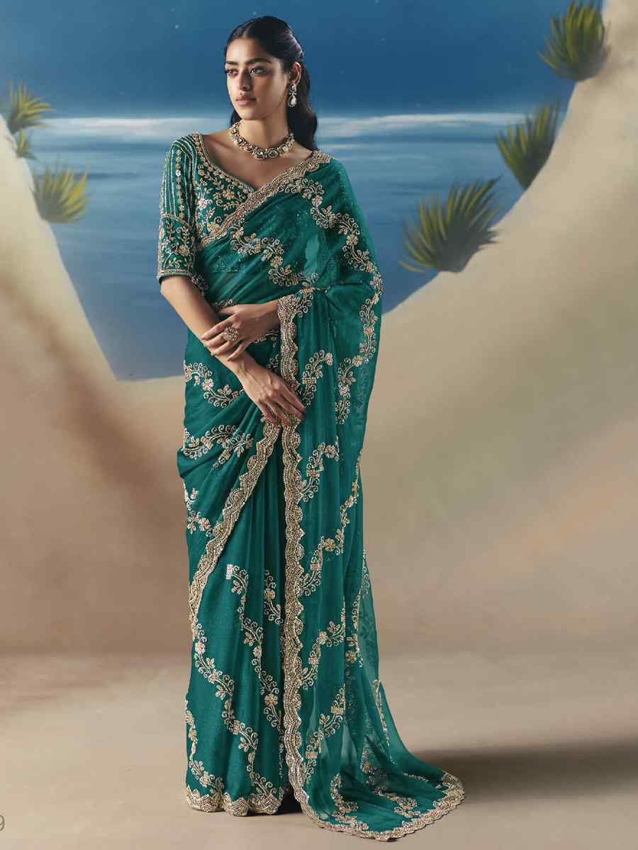 Rama Green Premium Satin Organza Embroidery Traditional Bridal Reception Festival Wedding Fancy Heavy Border Saree