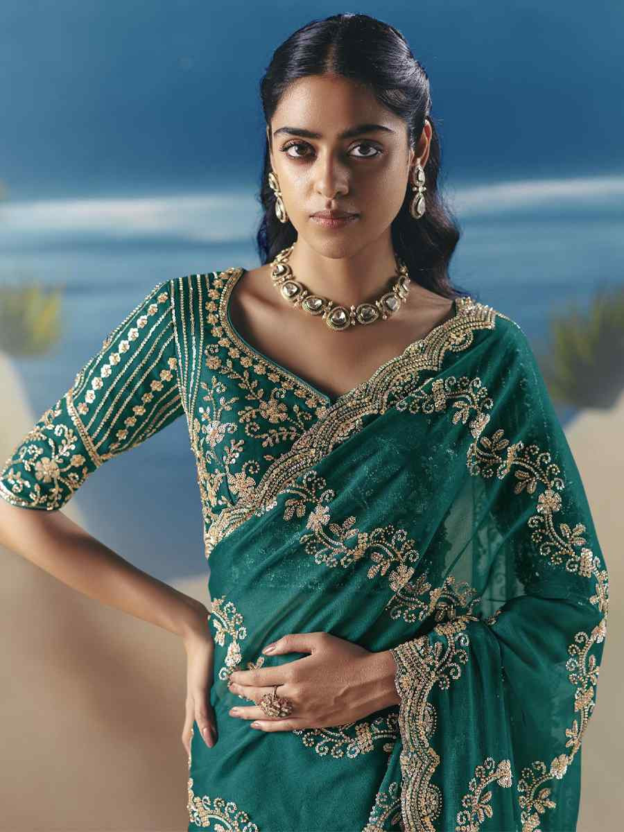 Rama Green Premium Satin Organza Embroidery Traditional Bridal Reception Festival Wedding Fancy Heavy Border Saree