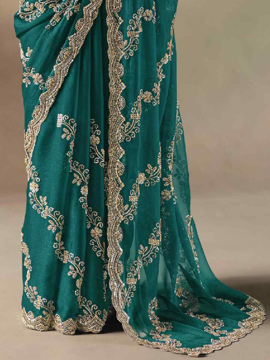 Rama Green Premium Satin Organza Embroidery Traditional Bridal Reception Festival Wedding Fancy Heavy Border Saree
