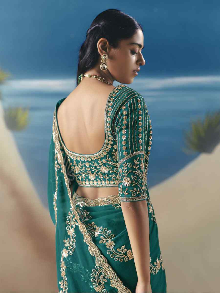 Rama Green Premium Satin Organza Embroidery Traditional Bridal Reception Festival Wedding Fancy Heavy Border Saree