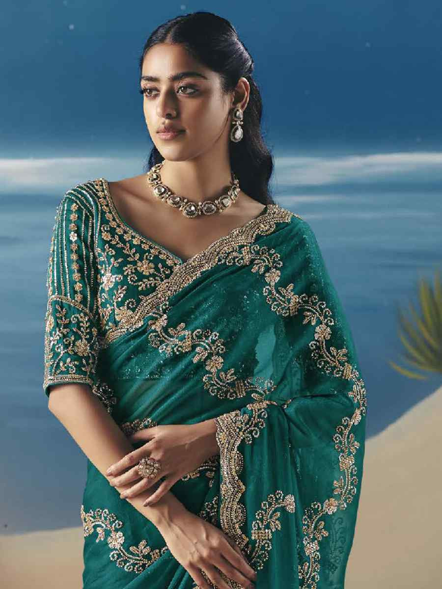 Rama Green Premium Satin Organza Embroidery Traditional Bridal Reception Festival Wedding Fancy Heavy Border Saree