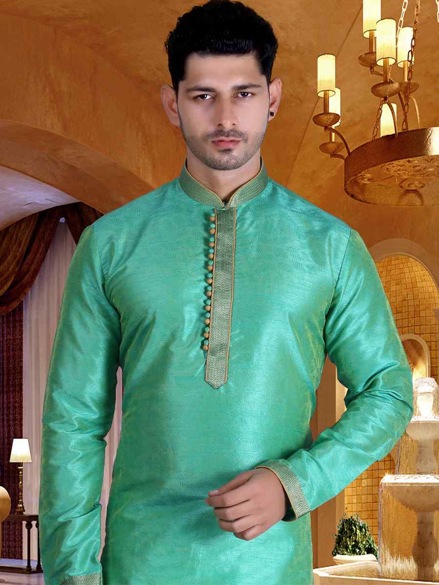 Rama Green Pure Cotton Jacquard Woven Festival Kurta
