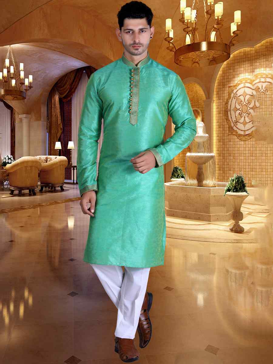 Rama Green Pure Cotton Jacquard Woven Festival Kurta