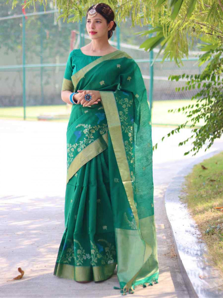 Image of Rama Green Pure Linen Silk Handwoven Zari Festival Wedding Fancy Heavy Border Saree