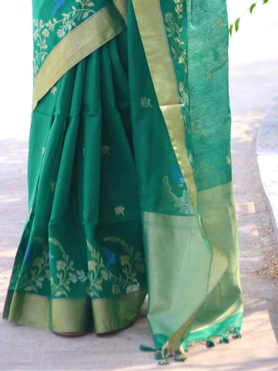 Rama Green Pure Linen Silk Handwoven Zari Festival Wedding Fancy Heavy Border Saree