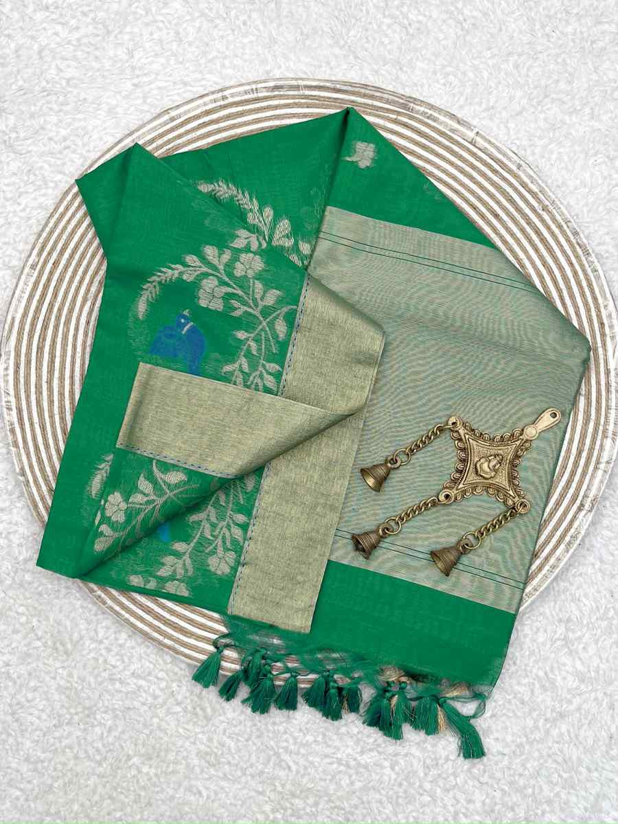 Rama Green Pure Linen Silk Handwoven Zari Festival Wedding Fancy Heavy Border Saree