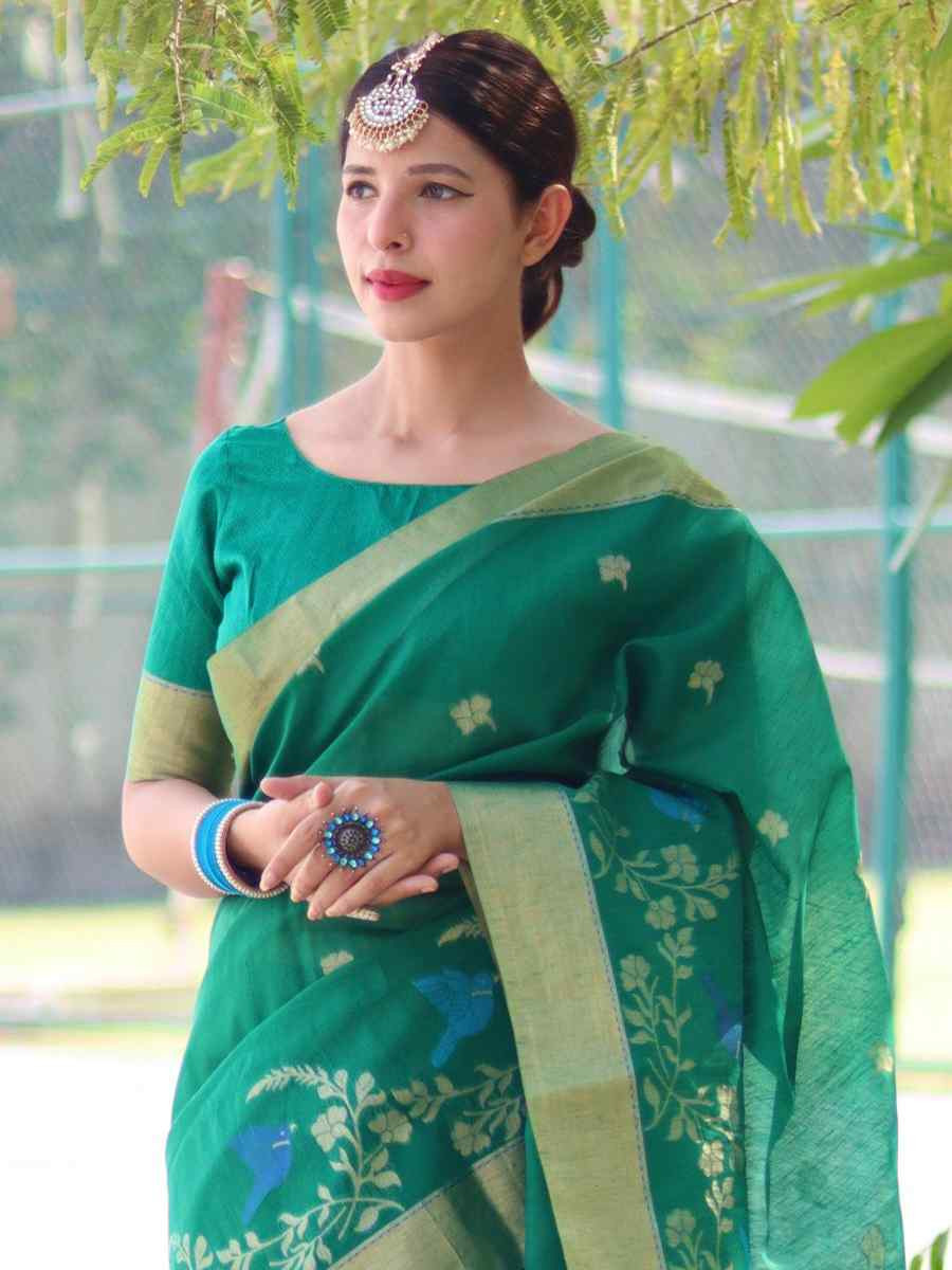 Rama Green Pure Linen Silk Handwoven Zari Festival Wedding Fancy Heavy Border Saree