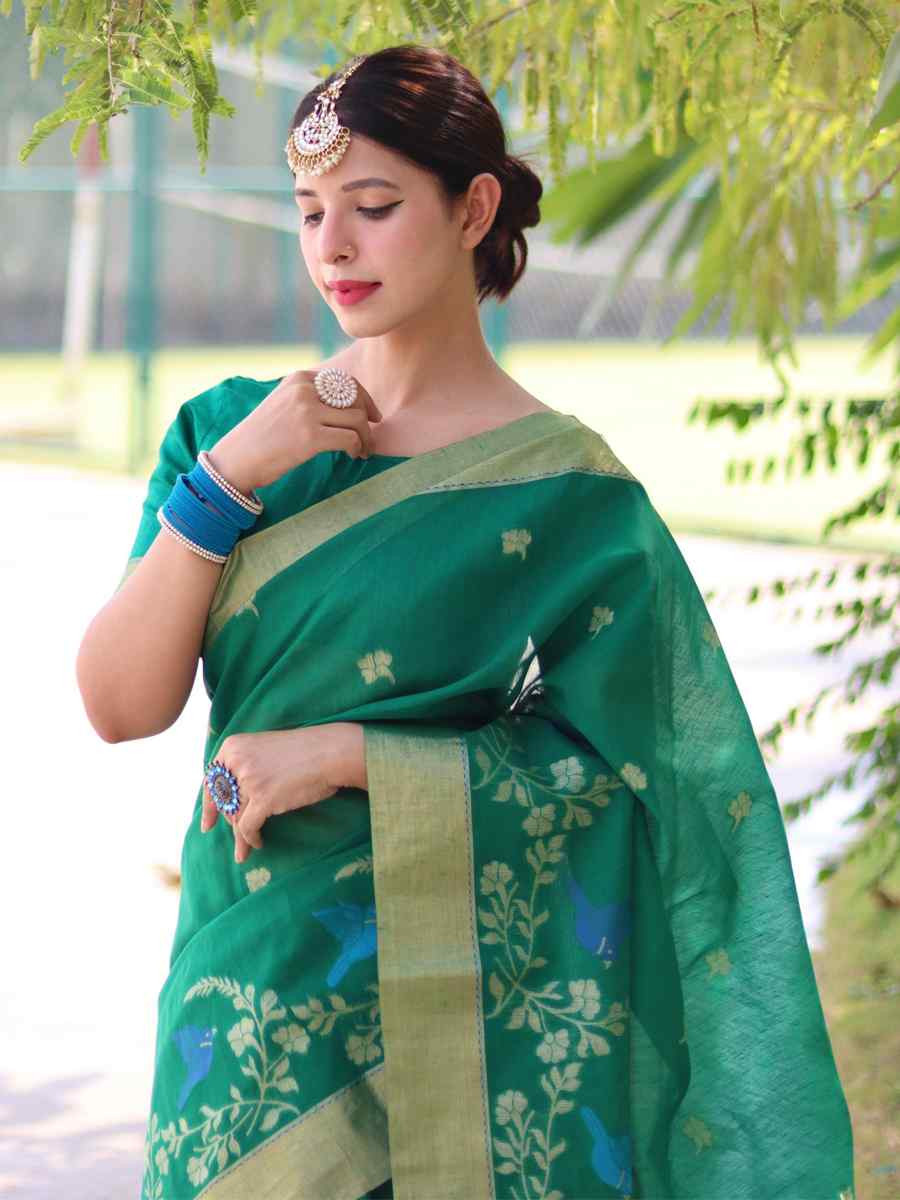 Rama Green Pure Linen Silk Handwoven Zari Festival Wedding Fancy Heavy Border Saree