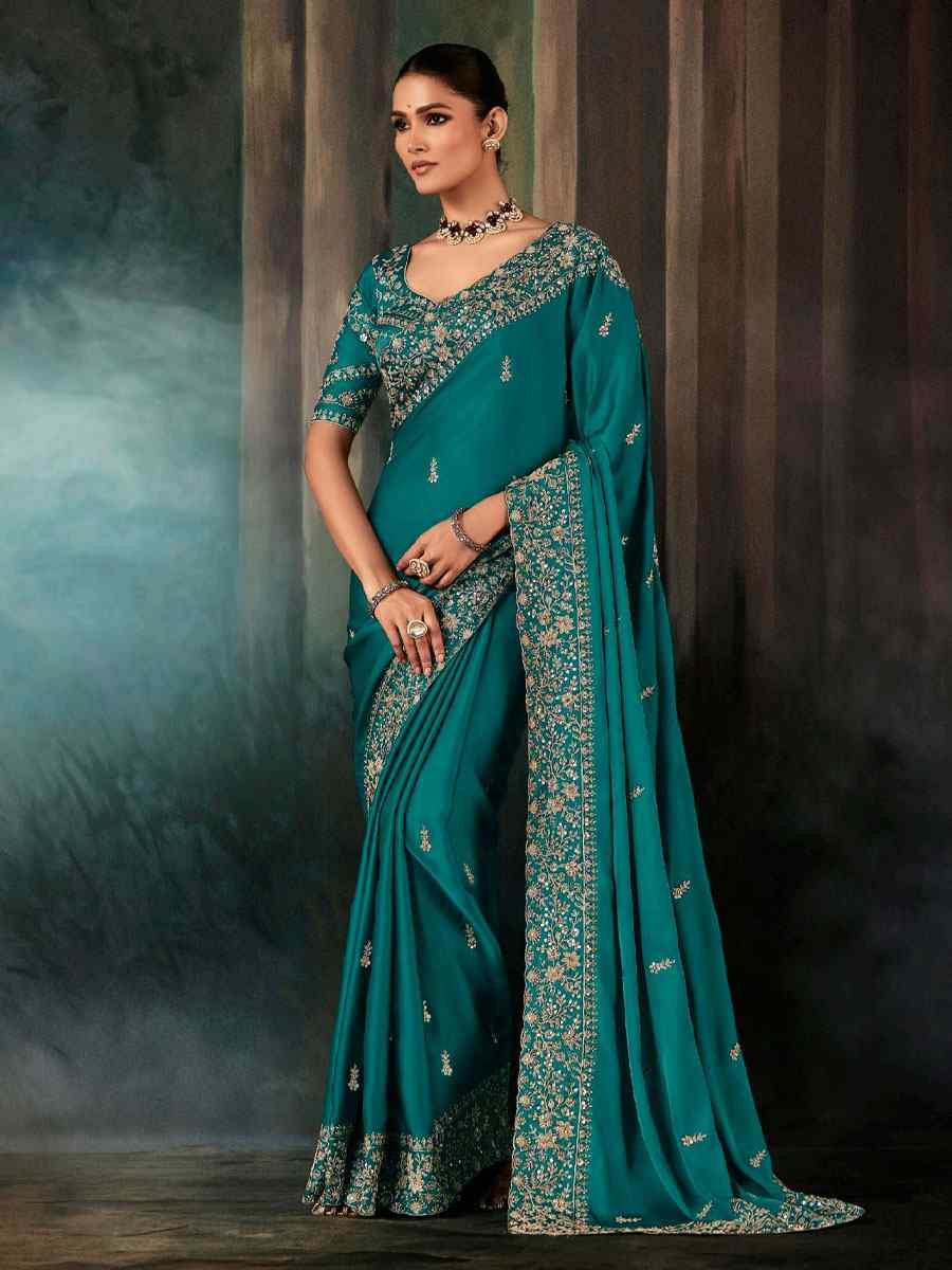 Rama Green Pure Silk Embroidery Bridal Reception Festival Wedding Fancy Classic Heavy Border Saree