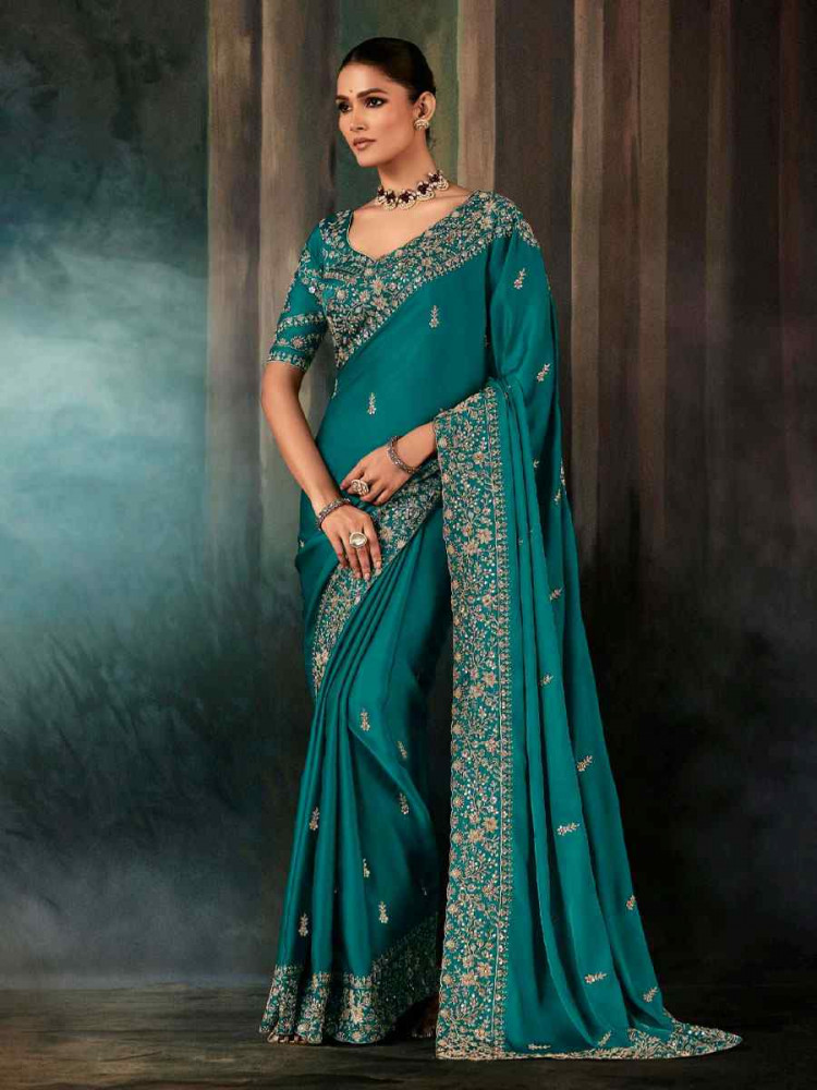 Image of Rama Green Pure Silk Embroidery Bridal Reception Festival Wedding Fancy Classic Heavy Border Saree